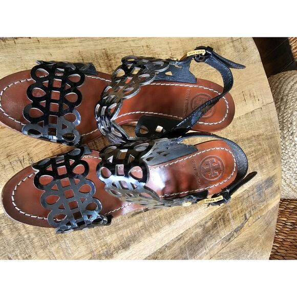 Tory Burch Women's Daisy Floral Platform Wedge Perf Leather Sandal Size 5.5 - Picture 4 of 14